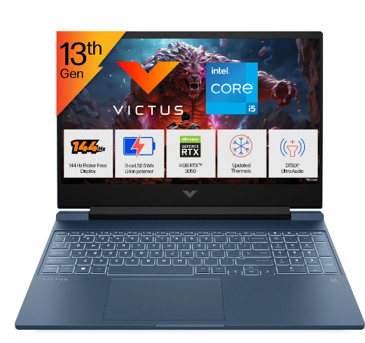 HP Victus Intel Core i5 13th Gen 13420H - (16 GB/512 GB SSD/Windows 11 Home/4 GB Graphics/NVIDIA GeForce RTX 3050 A) 15-fa2191TX Gaming Laptop (15.6 Inch, Performance blue, chrome logo, 2.29 Kg, With MS Office)