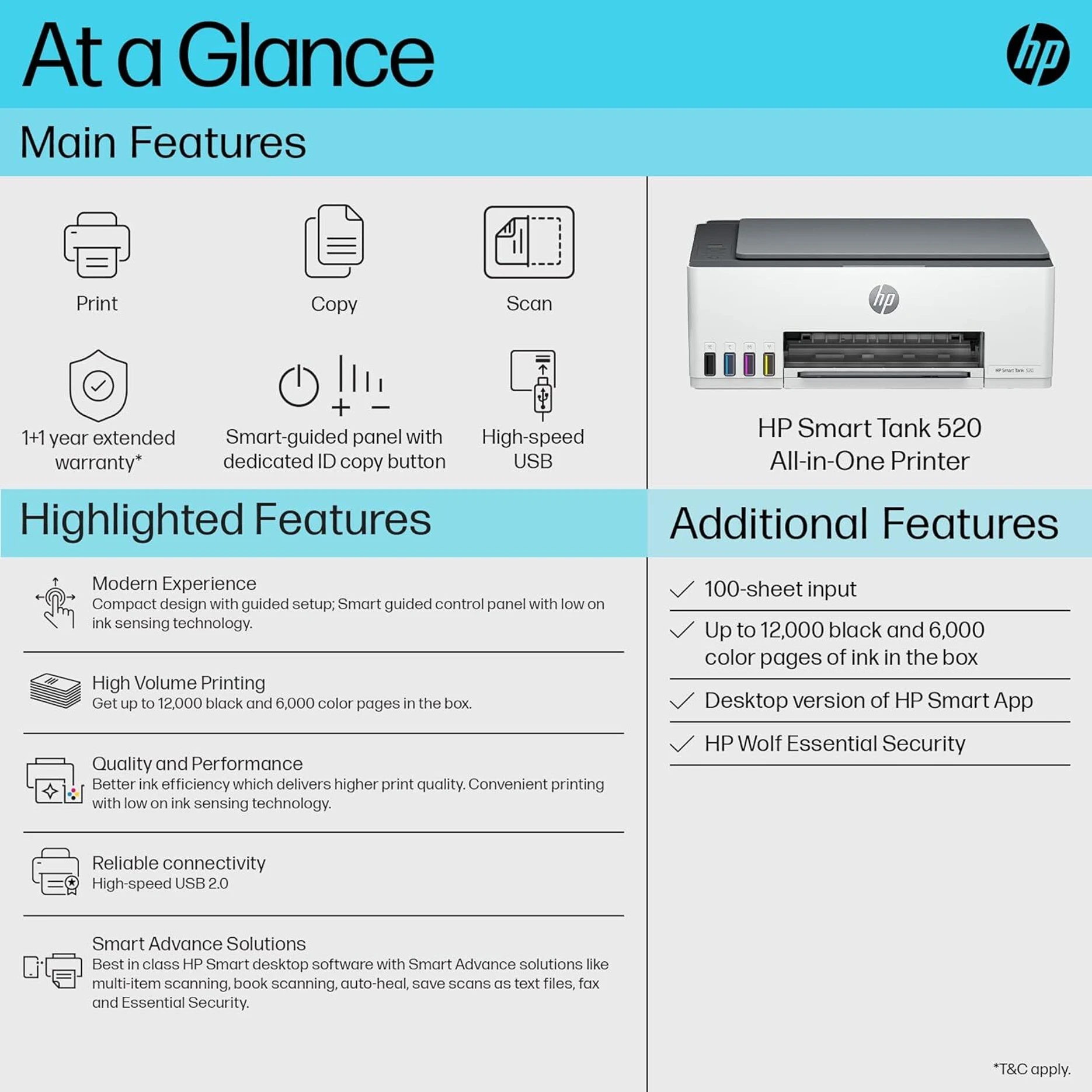 HP Smart Tank 520 All-in-One Colour Printer | 1 Extra Black Ink Bottle | 1+1 Year Extended Warranty on Registration| Up to 8000 Black & 6000 Colour Prints | Print,Scan & Copy for Office/Home