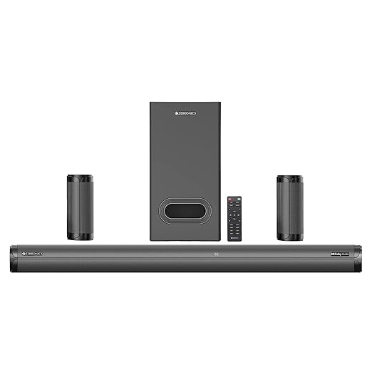 ZEBRONICS Zeb-Juke BAR 9450 PRO Dolby 5.1 soundbar with Dolby Audio, 525 Watts Output, Dual Rear Satellites, 16.5cm Powerful subwoofer, HDMI ARC, Optical, BT v5.0, LED Display, Wall Mount, AUX, Black