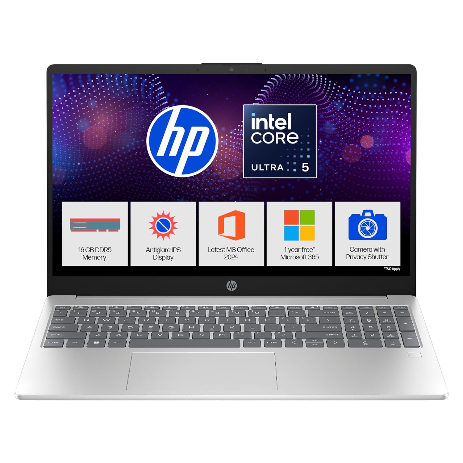 HP 15, Intel Core Ultra 5 125H Laptop (16GB DDR5,512GB SSD) IPS, Anti-Glare, Micro-Edge, 15.6\'\'/39.6cm, FHD, Win11,M365 Basic(1yr),Office Home24,Silver,1.65kg, FHD Camera w/Shutter, FPR, hr1000TU