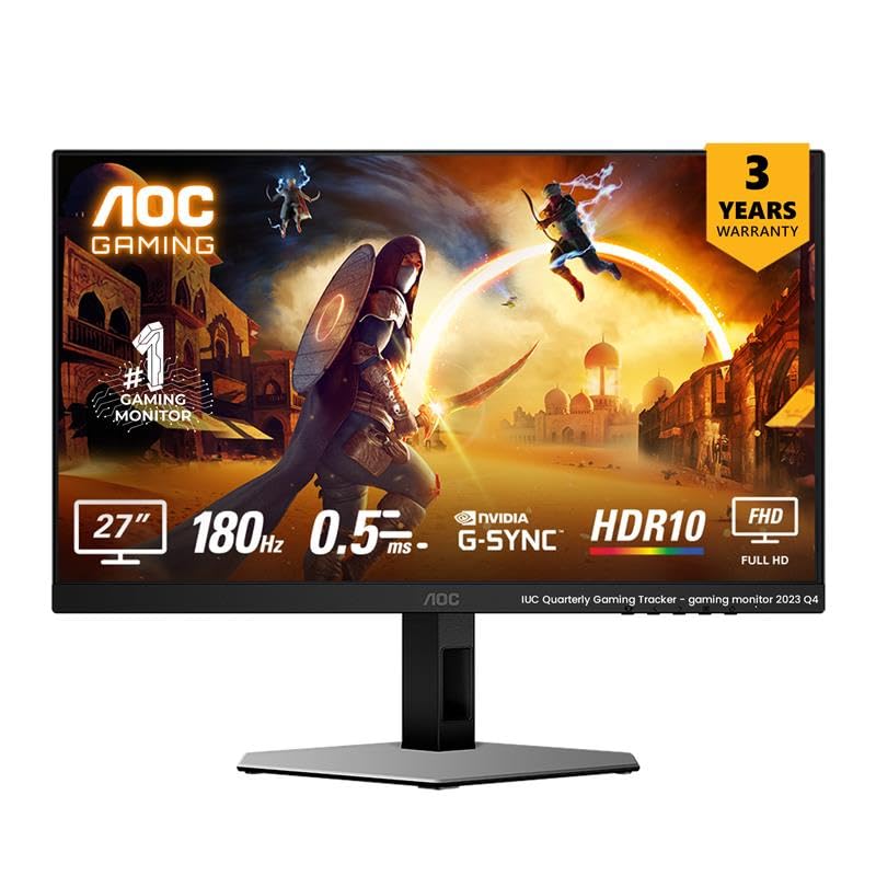 AOC 27G4E 27 Inch Gaming Monitor 1920x1080 Fast IPS, 180Hz Refresh Rate, Color Gamut-sRGB 128%, HDR10, 0.5ms (MPRT), Adaptive Sync, HDMI 2.0 & Display Port Connectivity, 178° Wide Viewing Angle
