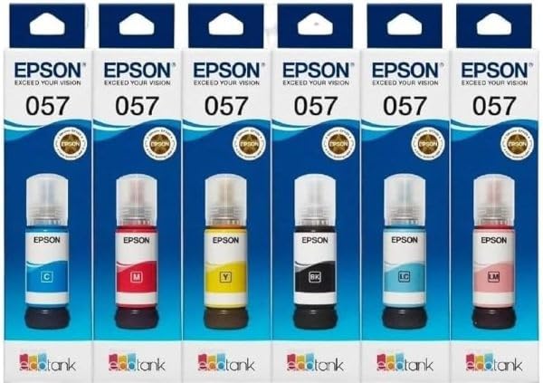 Epson 057 Ink Original Black, Cyan, Yellow, Magenta, Light Cyan, Light Magenta Ink Bottles - Compatible with Epson Printer L8050, L18050, L8100, L18150W Models