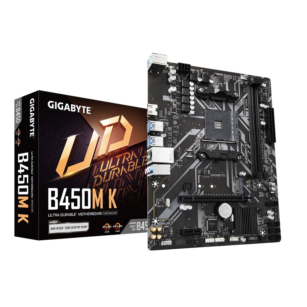 GIGABYTE B450M K Micro-ATX Motherboard – AMD AM4, DDR4 64GB, M.2, HDMI, USB 3.2, RAID Support