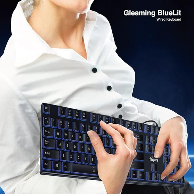 FINGERS Gleaming BlueLit Wired Backlit Keyboard (Spill Resistant | 3 Levels of Brightness | Works Well with Windows® | Mac | Linux), black, Standard