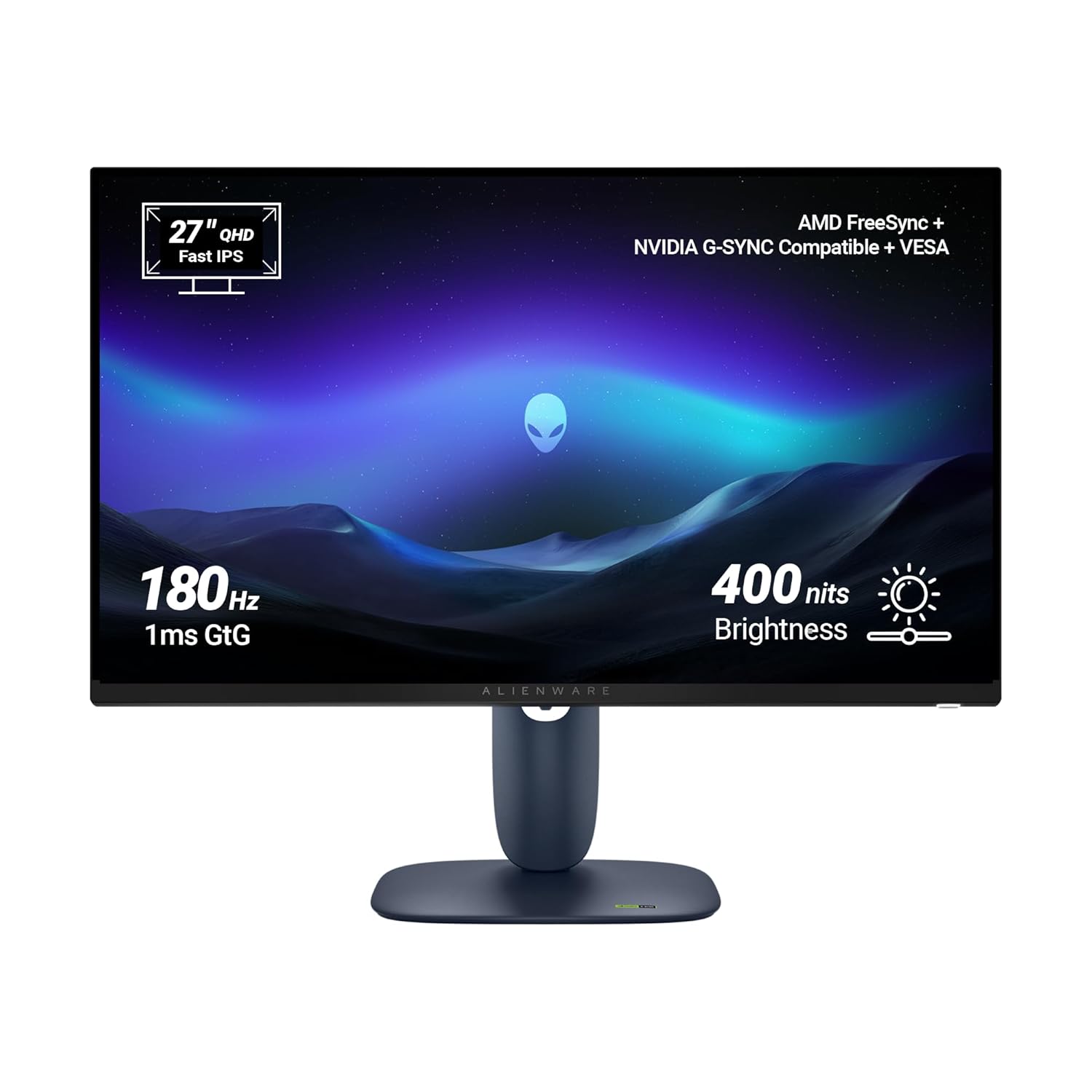 AW2725DM Alienware 27\" QHD Fast IPS Monitor, AMD FreeSync + NVIDIA G-SYNC, 180Hz, 1ms GtG, (2) HDMI, DP1.4, USB 5Gbps (3) Ergonomic, 400nits Brightness, 1000:1 Contrast, DCI-P3 95%+VESA DisplayHDR 400