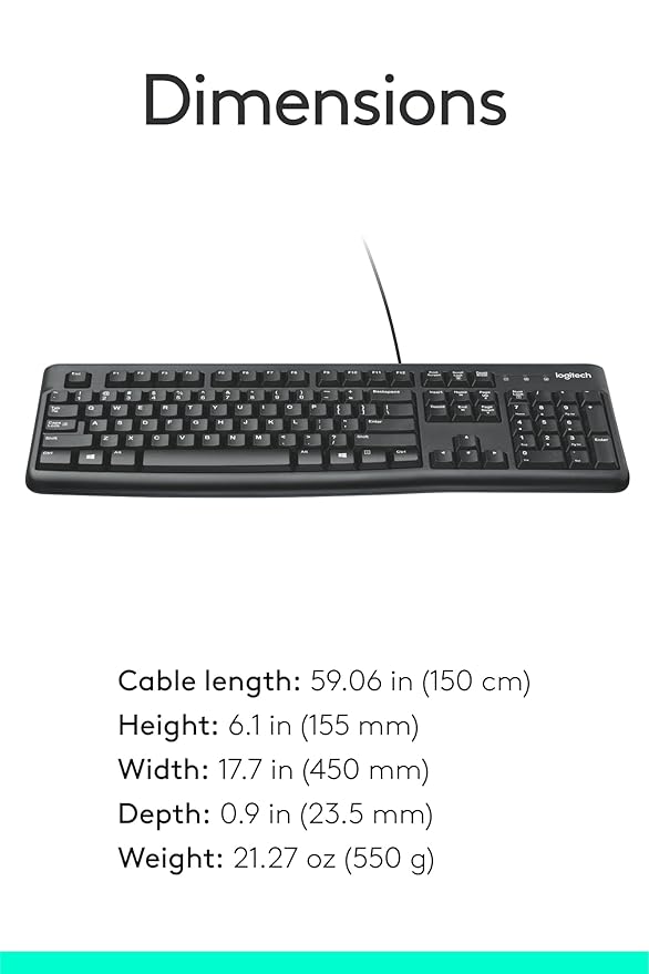 Logitech K120 Wired Keyboard for Windows, USB Plug-and-Play, Full-Size, Spill-Resistant, Curved Space Bar, Compatible with PC, Laptop