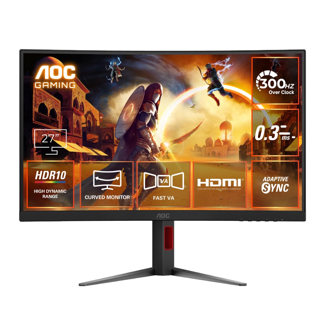 AOC C27G4Z 27\" FHD Curved Monitor, 280Hz~300Hz Refresh Rate, 0.3ms MPRT, Fast VA Panel, 1500R, AMD Free Sync Premium, HDR10, Height Adjustable, Sniper Gaming Mode, Flicker-Free, HDMI 2.0