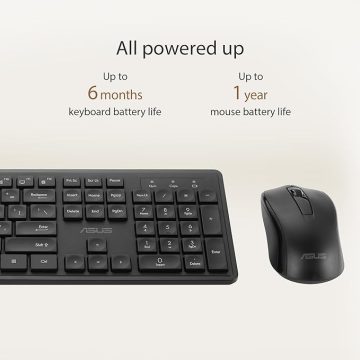 ASUS Wireless Keyboard and Mouse Set CW101, Upto 1000 Adjustable DPI,2.4 GHz Nano Receiver, Gaming-Grade, Laser-Engraved keycaps, Near-Silent Operation, Compact & Light Weight Design (Black)