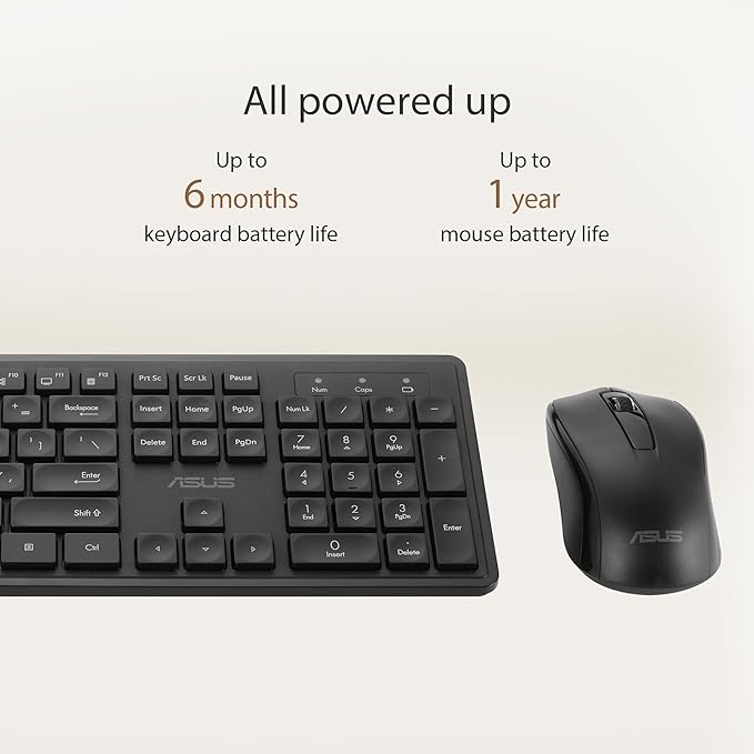 ASUS Wireless Keyboard and Mouse Set CW101, Upto 1000 Adjustable DPI,2.4 GHz Nano Receiver, Gaming-Grade, Laser-Engraved keycaps, Near-Silent Operation, Compact & Light Weight Design (Black)