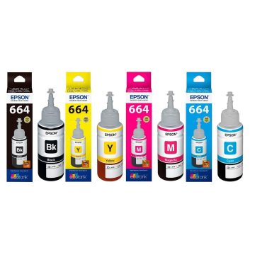 Epson 664 L100, L110, L130, L200, L210, L220, L300, L310, L350, L355, L360, L365, L380, L455, L550, L555, L565 Printers Black + Tri Color Combo Pack Ink Bottle (Black)