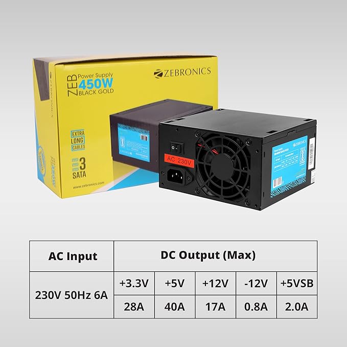 Zebronics 450W Black Gold Power Supply with 3X SATA connectors, 2X Molex, 80mm Built-in Fan, Extra Long Cables, 1.2 Meter Power Cable and Suitable for Regular use Computers