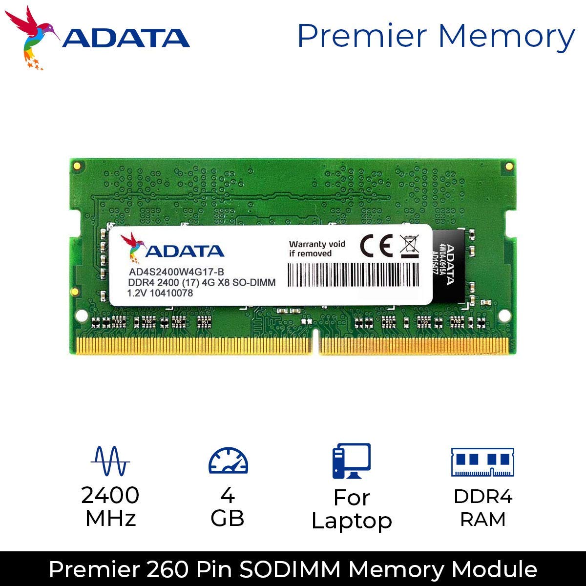 ADATA Premier DDR4 2400MHz 4GB SODIMM Memory Module RAM for Notebooks (AD4S2400J4G17-R)