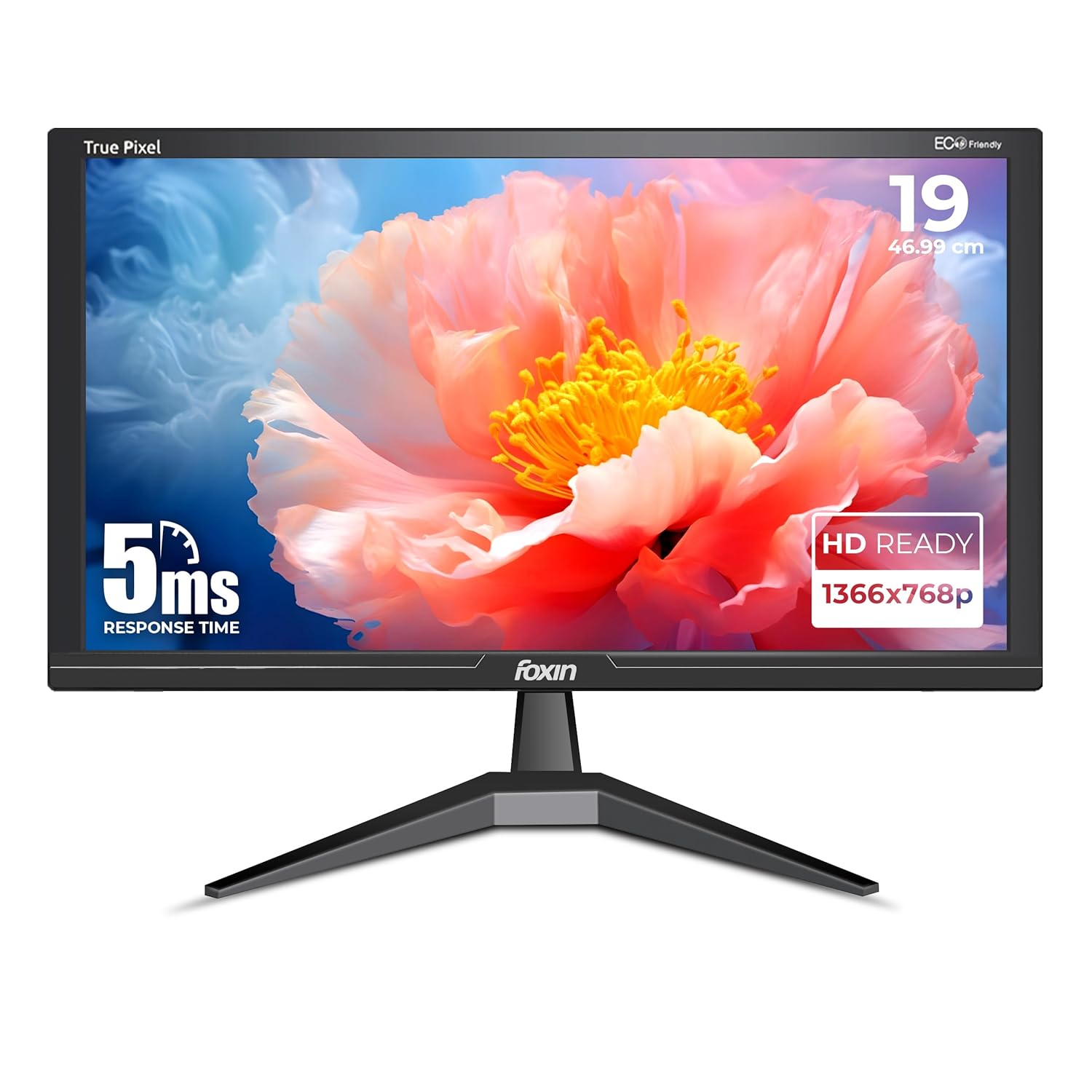 Foxin Crystal 19 Inch (46.99 cm) Crystal Flat LED Monitor | True Pixel HD Display, 1366x768p, 16.7M Colors, 5ms, 60Hz | HDMI & VGA Ports | Wall Mountable | Desktop/Office/CCTV Use | 1 Year Warranty