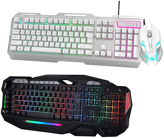 ZEBRONICS Zeb-Magnus USB Gaming Keyboard with LED Lights & Zeb-Transformer Gaming Keyboard and Mouse Combo (USB, Braided Cable) White with Silver