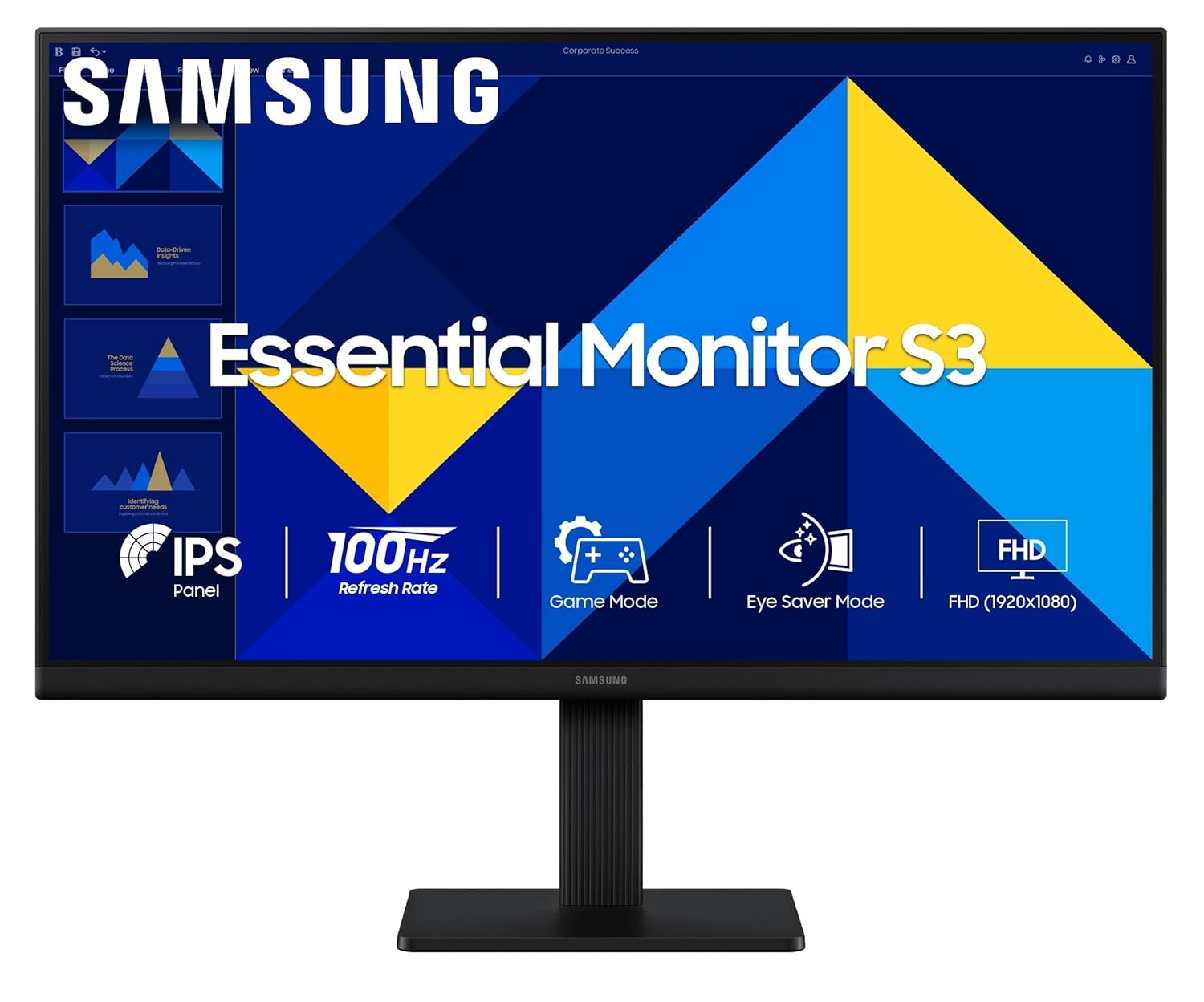 Samsung 27\" (68.6 cm) S3 Flat Monitor|Super Slim Borderless Design|IPS Panel|FHD 1920 x 1080|100 Hz|5 ms|Ports-HDMI,VGA|Game Mode||Eye Saver Mode||Wall Mountable|LS27D300GAWXXL|Black