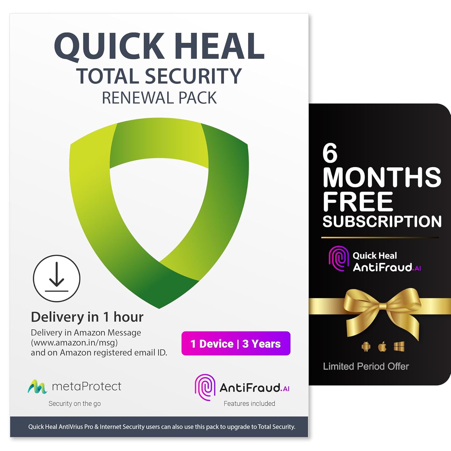 Quick Heal Total Security Renewal Gold Pack | 1 User, 3 Year | Existing 1 User Quick Heal Subscription Required | Email Delivery in 1hr | + 6 month AntiFraud.AI for IOS/Android