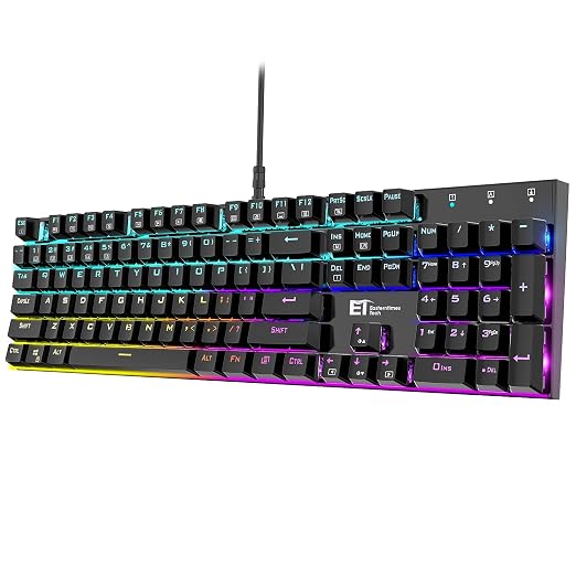 ET Mechanical Gaming Keyboard RGB Backlit Keys, 16.8 Million Color 104 Keys Blue Switch Wired, Aluminum Base USB, PC Gamer Laptop