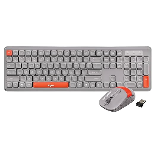 FINGERS Exquisite Combo Rangeela Series Wireless Deskset (2.4 GHz Technology with USB Nano Receiver, 12 Quick Soft-Touch Media Controls for Instant Access & Rupee Key) Pearl Grey + Orange