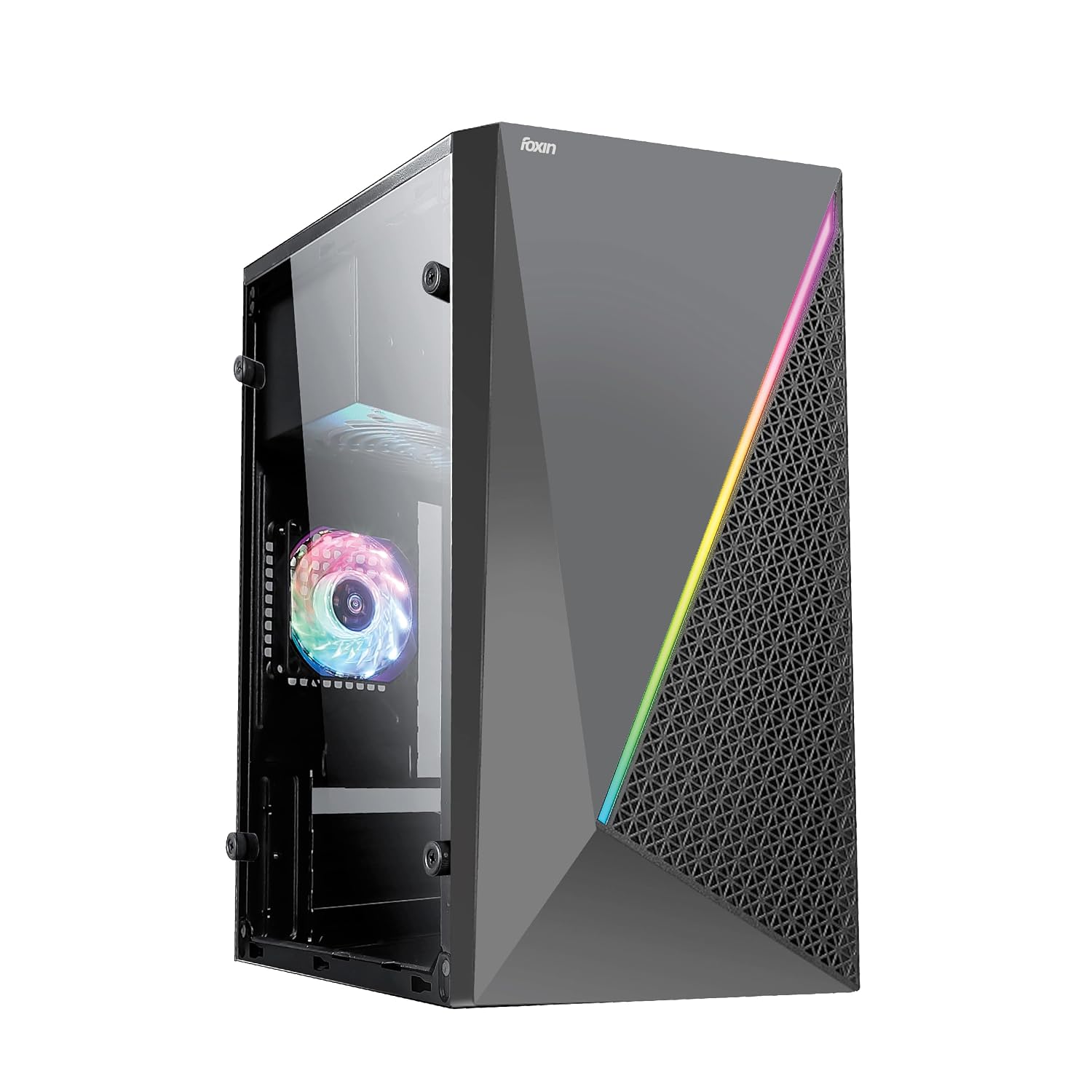 Foxin Aura Computer Case/Gaming Cabinet, Pre-Installed Rear 1 x 80mm RGB Fans with Tempered Glass | Gaming PC Case Support Micro ATX, Mini ITX | USB 2.0 x 2 & Audio/Mic Ports - Black