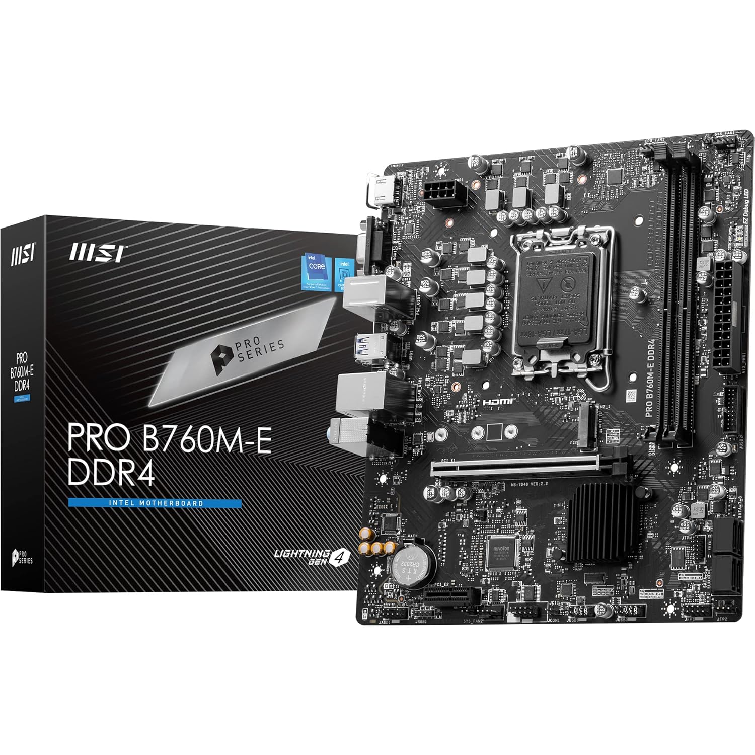MSI PRO B760M-E DDR4 Motherboard, Micro-ATX - Supports Intel 14th, 13th & 12th Gen Core Processors, LGA 1700 - DDR4 Memory Boost 4800+MHz/OC, PCIe 4.0 x16 Slot, M.2 Gen4 Slot