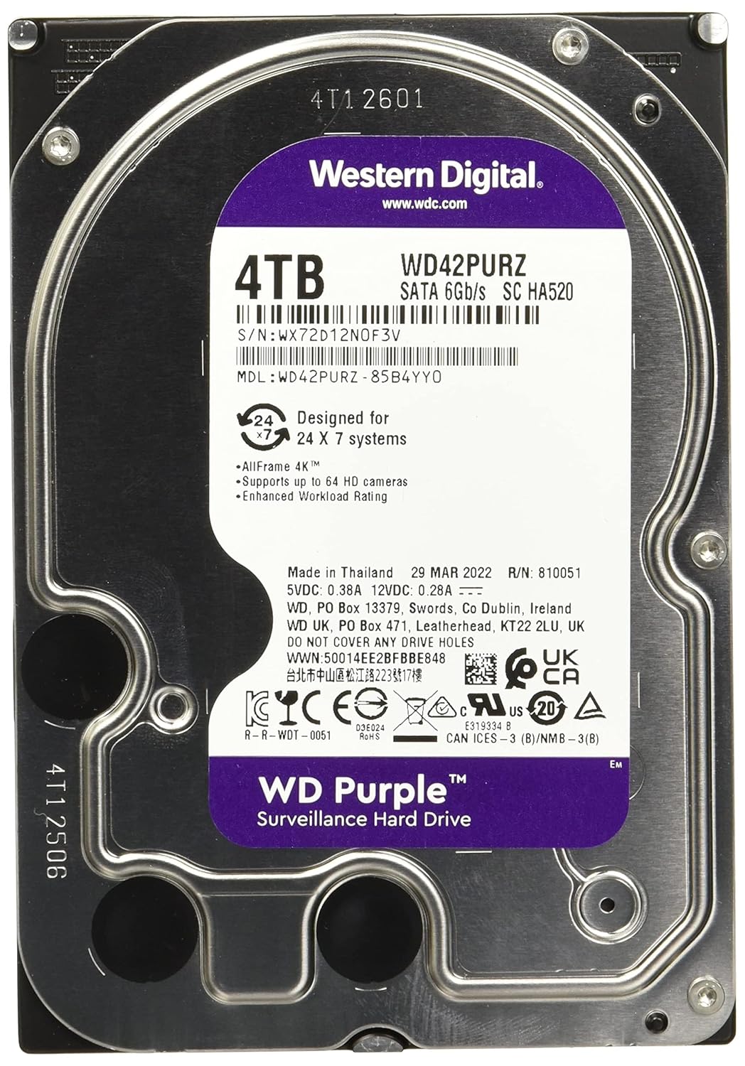 Western Digital 4TB WD Purple Surveillance Internal Hard Drive HDD - SATA 6 Gb/s, 256 MB Cache, 3.5\" - WD42PURZ