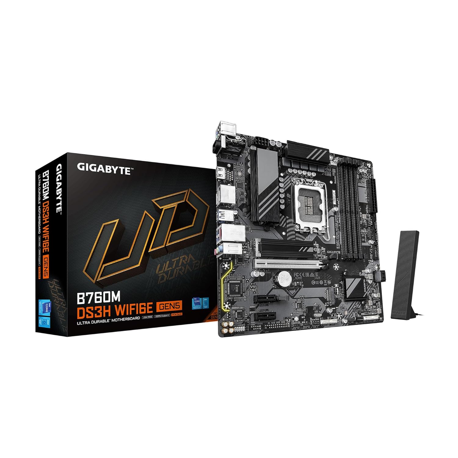 GIGABYTE B760M DS3H WIFI6E GEN5 LGA 1700 Intel B760 M-ATX Motherboard with DDR5, M.2, PCIe 5.0, USB 3.2 Gen 2 Type-C, WIFI6E 2.5GbE LAN, WiFi EZ-Plug, PCIe EZ-Latch