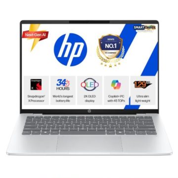 HP OmniBook 5 NGAI 14-he0015QU Standard Laptop (Snapdragon X X1-26-100/16 GB /1 TB SSD/Qualcomm Adreno GPU/Windows 11 Home/MS Office Home 2024 + 1 year M365 Basic/Full HD), 35.6 cm - 14 inch, Glacier Silver Aluminum