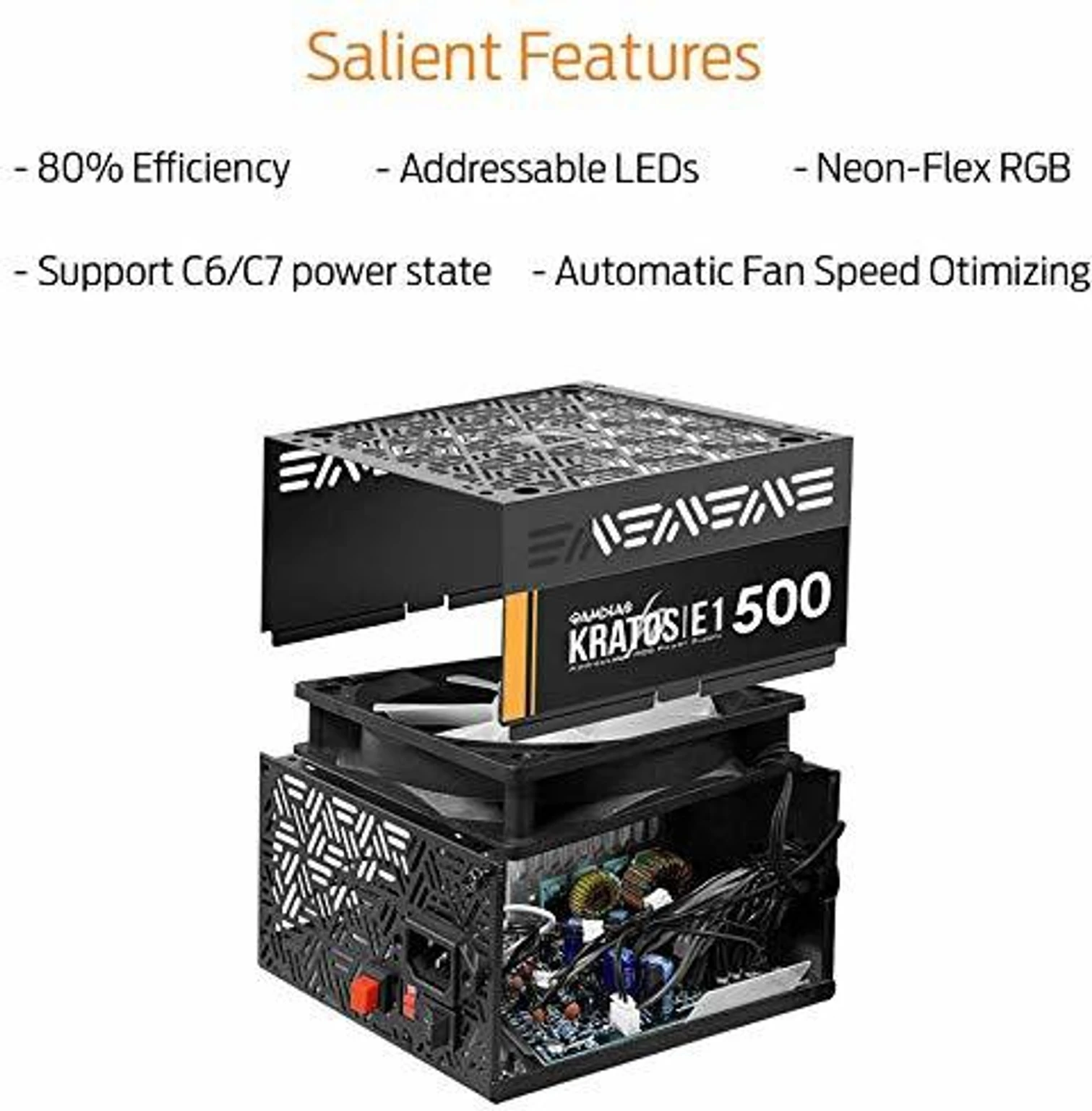 GAMDIAS Kratos E1-500 ARGB 500W Power Supply with 80% Efficiency Fan Speed Optimization and Motherboard Sync 500 Watts Gaming PSU with 5 SATA Cables (Black)